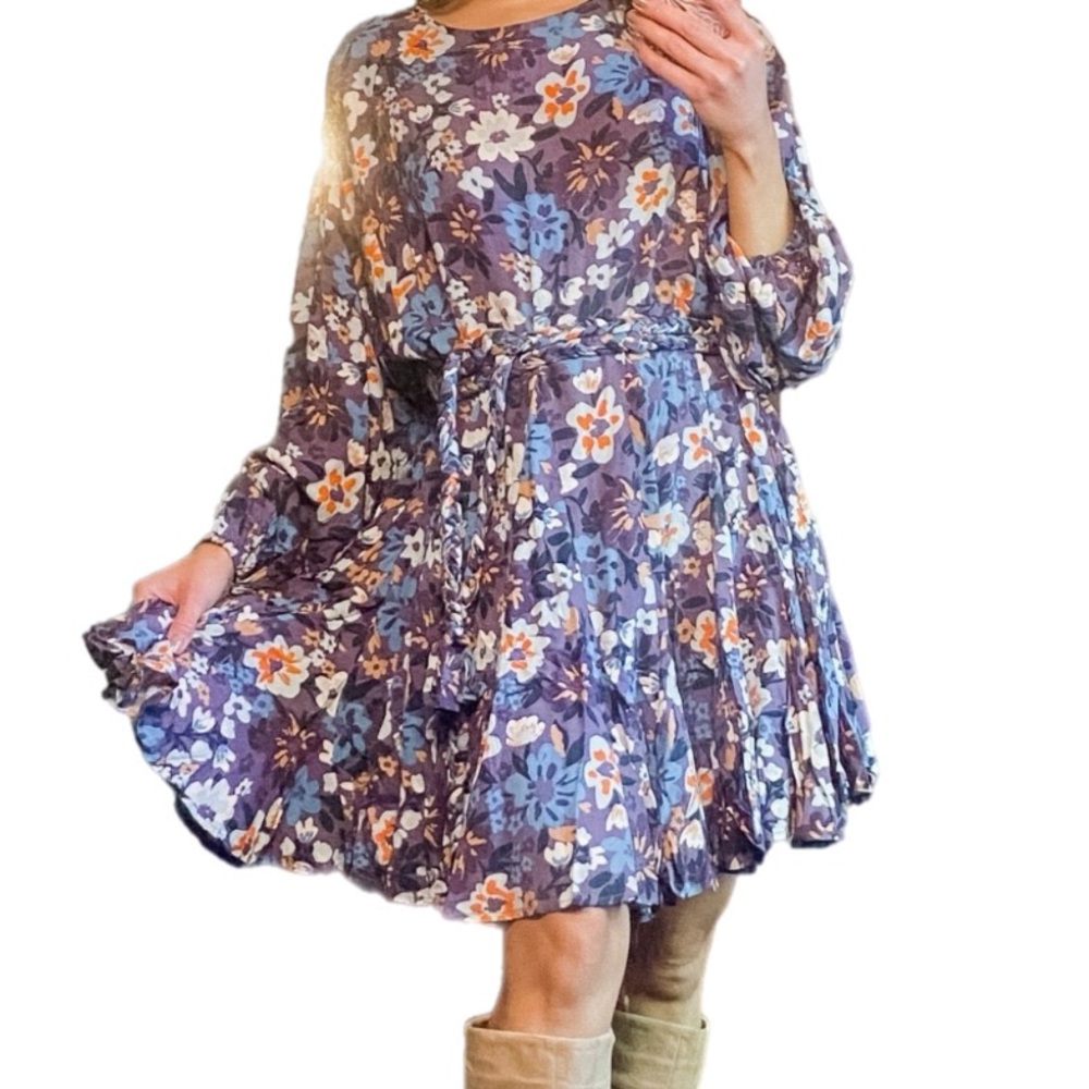Storia Floral Bohemian Swing Mini Dress Long Sleeve Loose Lagenlook Flowy Small